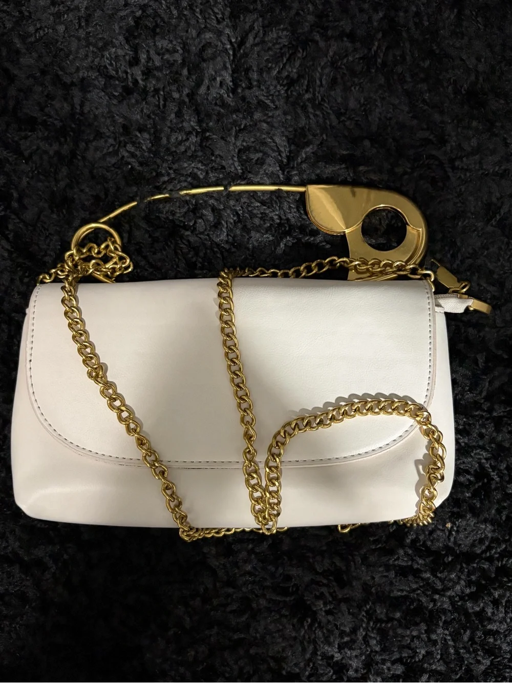 Off-White/Cream Faux Leather Safety Pin Top-Handle Women’s Bag with Gold Accent